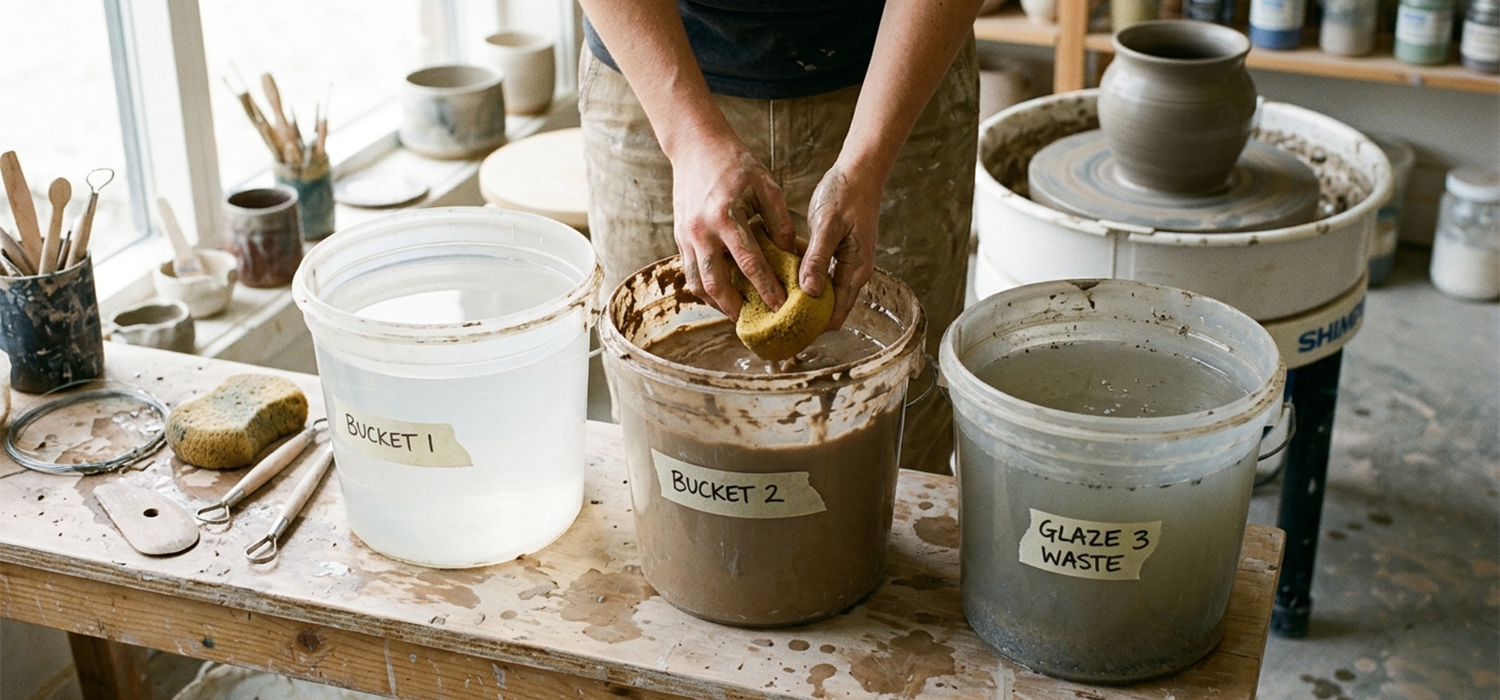 Pottery studio setup showing the 3 bucket system with clean water, clay slurry, and glaze waste buckets used for efficient clay and water management