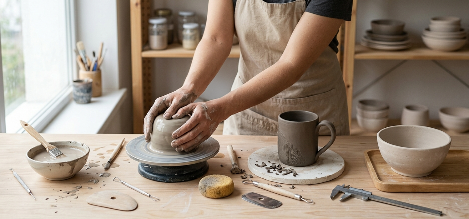 Four stages of clay in ceramics showing slip soft clay leather hard and bone dry with examples of each stage in a pottery workspace