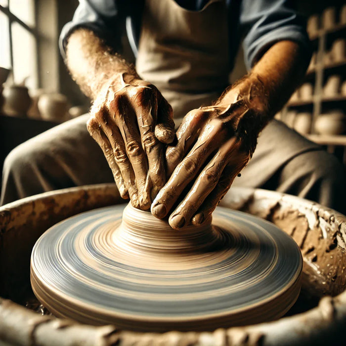 A close-up, dynamic image of centering clay on a pottery wheel. Hands are wet and steady, pressing down and inward on a spinning mound of clay.