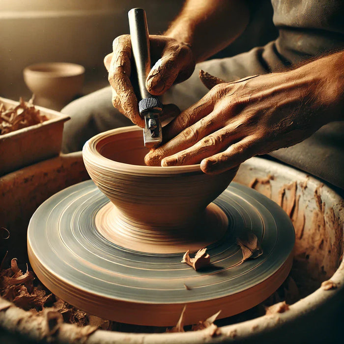 A detailed image of pottery trimming in progress. A nearly finished clay bowl is upside down on a spinning pottery wheel, while a potter uses a metal 