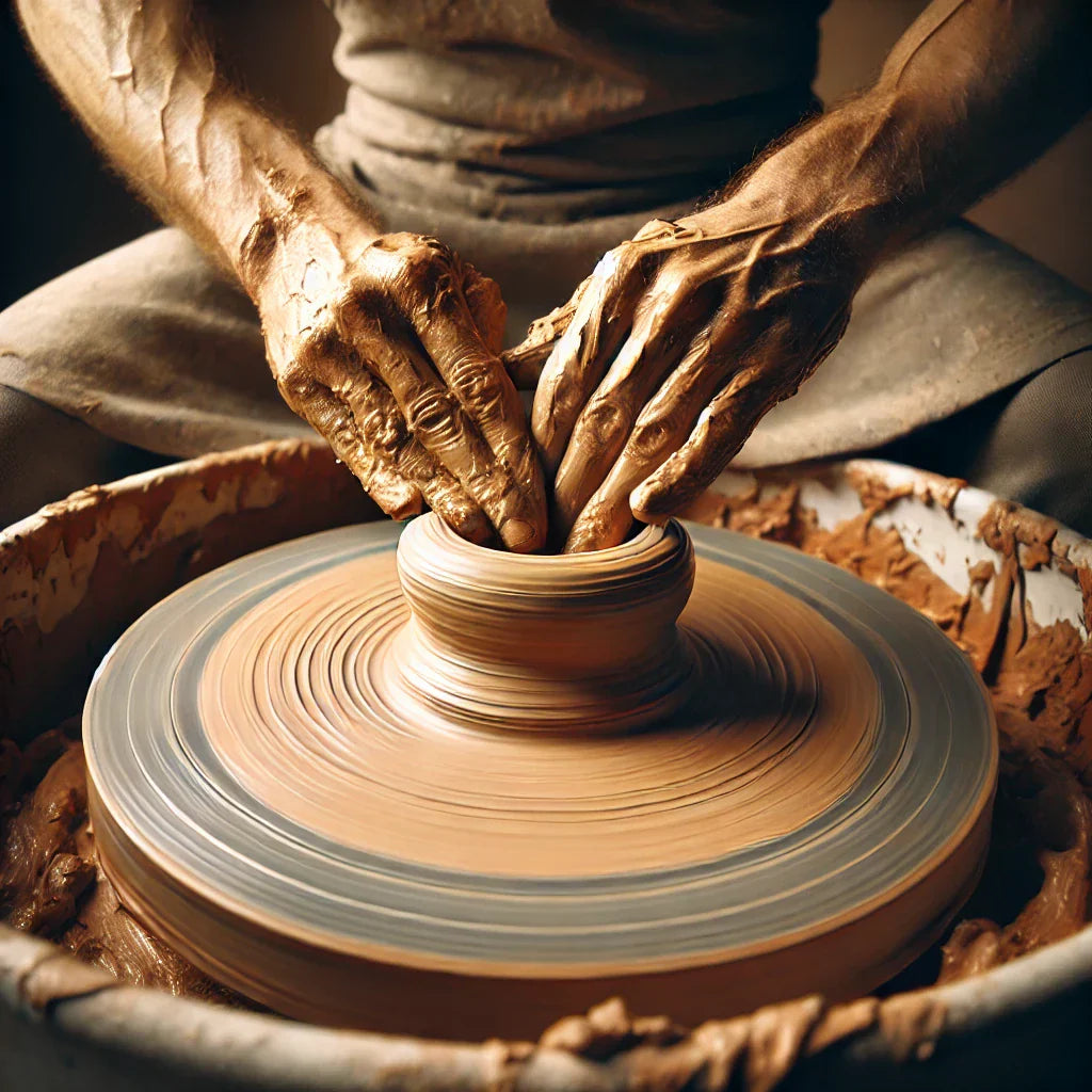 A focused, artistic image of hands centring a lump of wet clay on a spinning pottery wheel. The scene captures the moment the clay is nearly perfectly