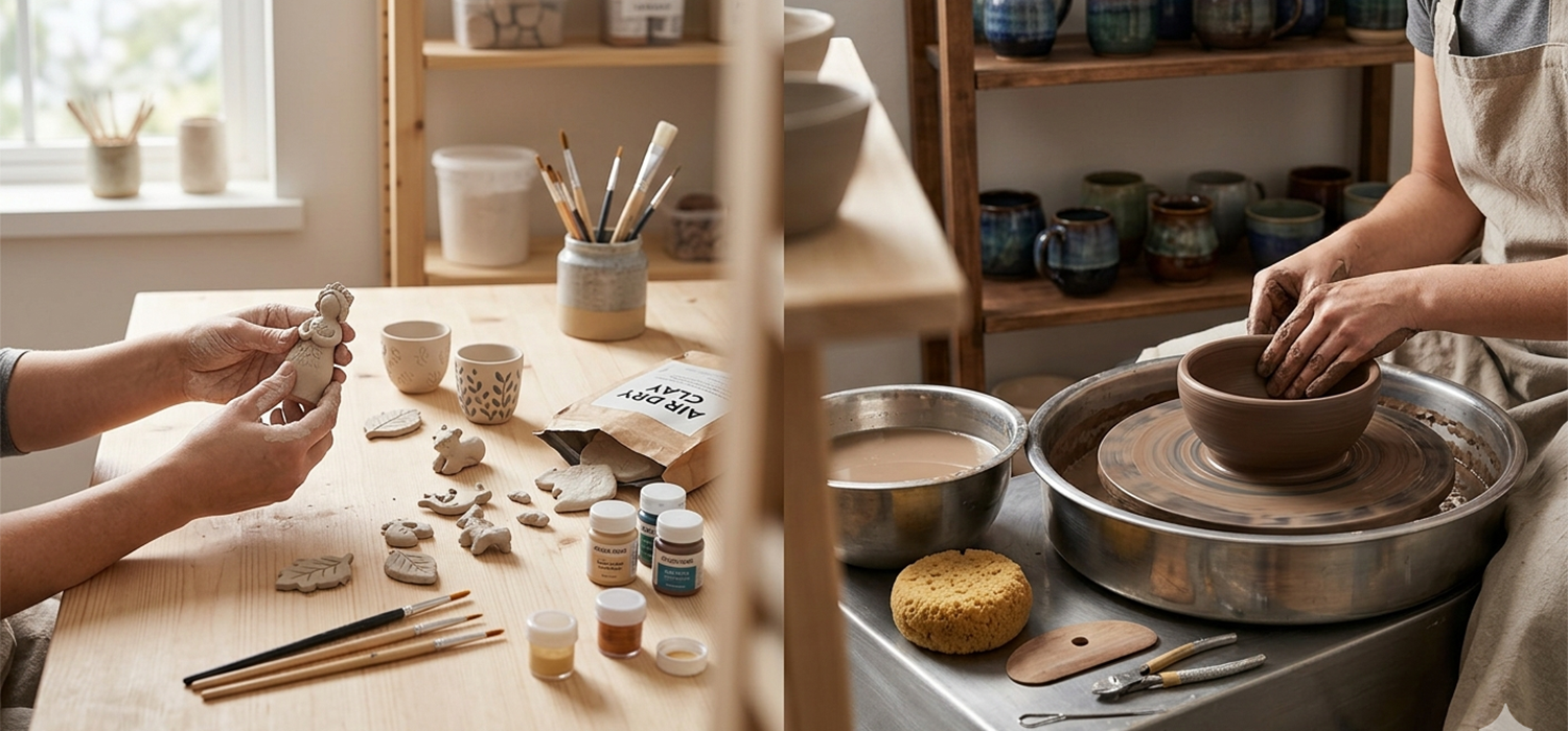 Side by side comparison of air dry clay and pottery clay showing handmade pieces, texture differences, and working process in a pottery studio