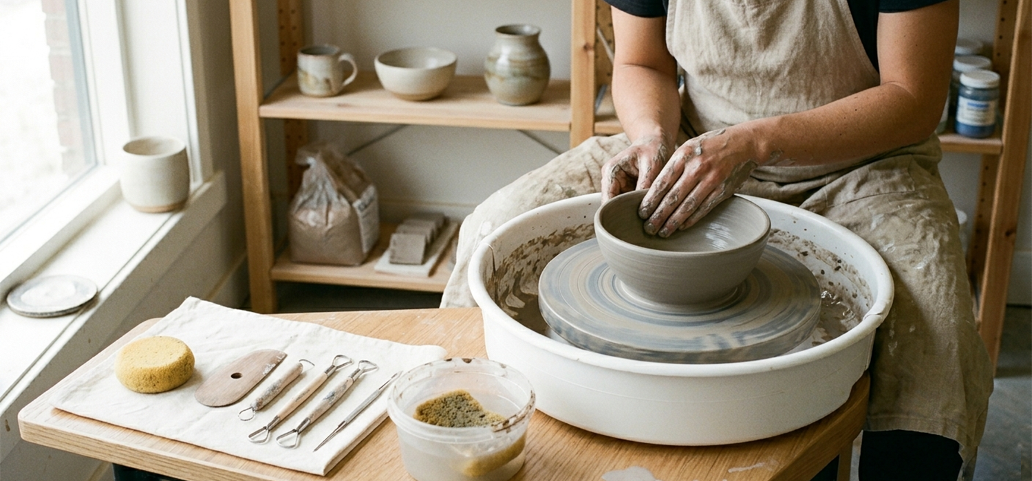 Beginner pottery wheel in a home studio with clay being shaped on the wheel showing smooth operation and essential features for new potters