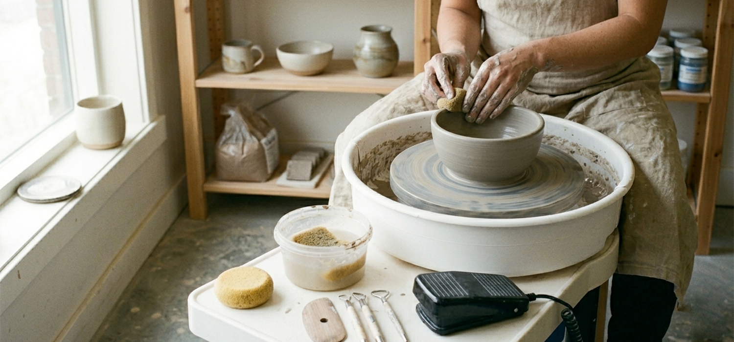 Beginner using a pottery wheel shaping clay in a home studio showing smooth speed control and essential features of beginner pottery wheels