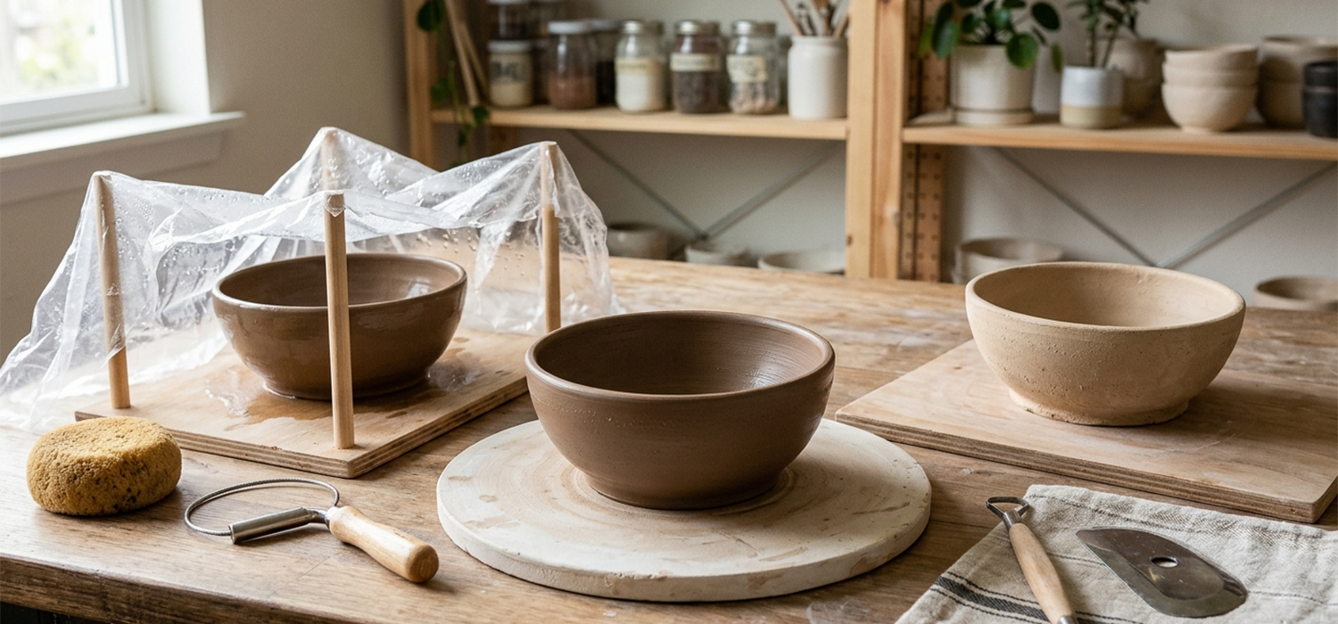 Clay drying at home from wet greenware to bone dry stage using plastic cover and plaster bat for even moisture evaporation