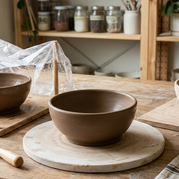 Clay drying at home from wet greenware to bone dry stage using plastic cover and plaster bat for even moisture evaporation