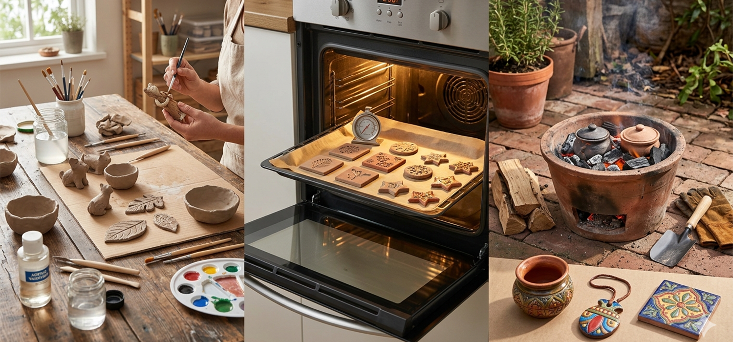 Different ways to finish clay without a kiln including air dry clay oven baking and outdoor firing methods in a home workspace