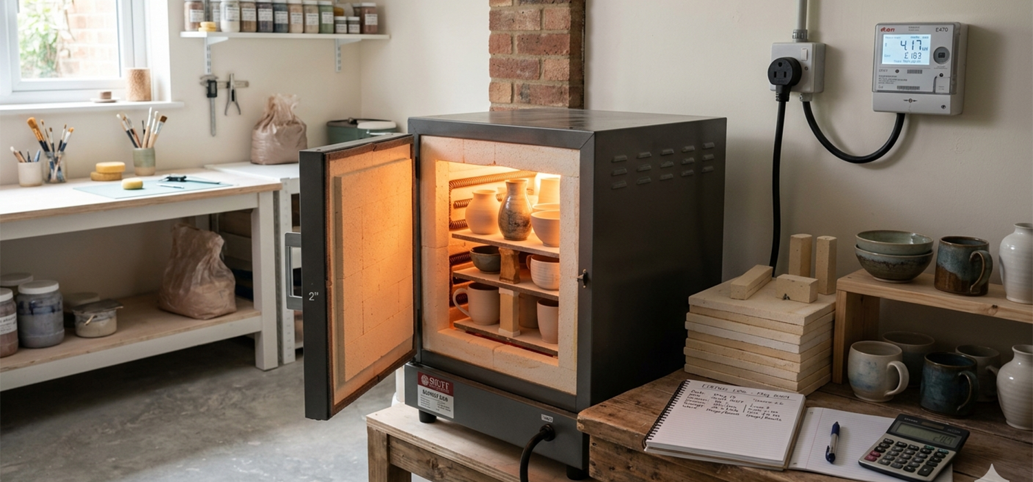 Pottery kiln in use with electricity meter and clay pieces showing cost calculation and energy consumption per firing in a home studio
