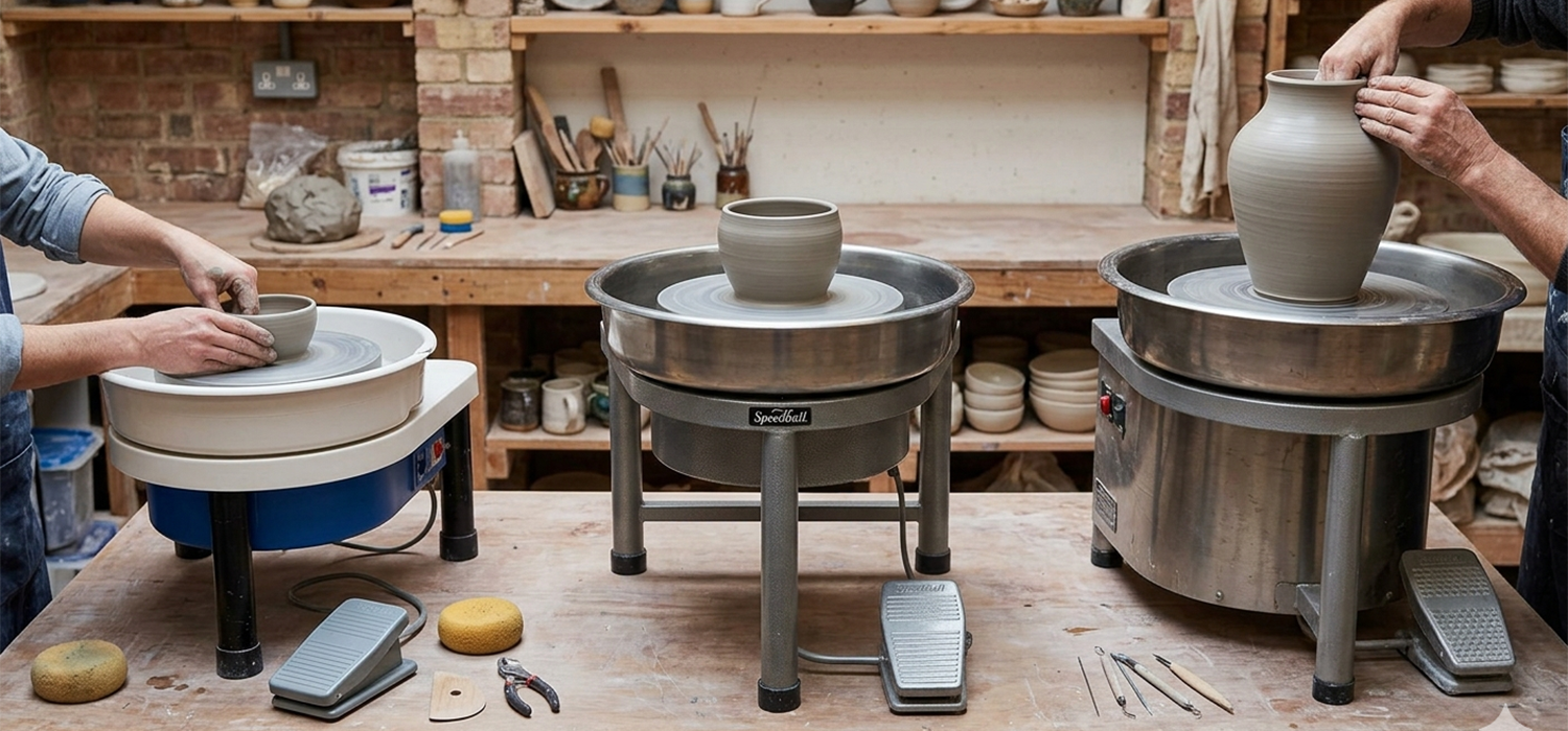 Different pottery wheels showing budget beginner and professional models with clay shaping to illustrate price range and features