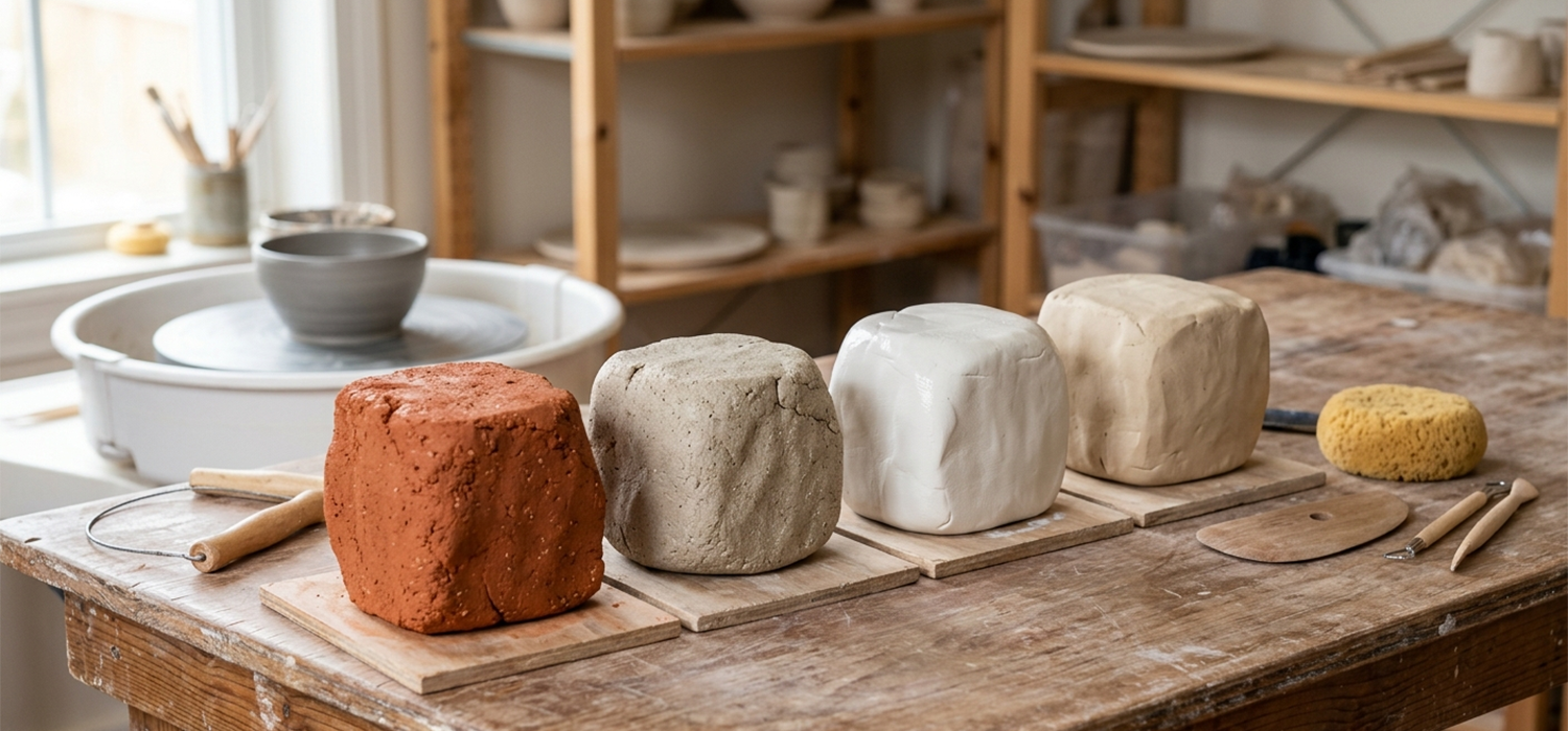 Different pottery wheel clay types including stoneware porcelain and earthenware prepared for wheel throwing