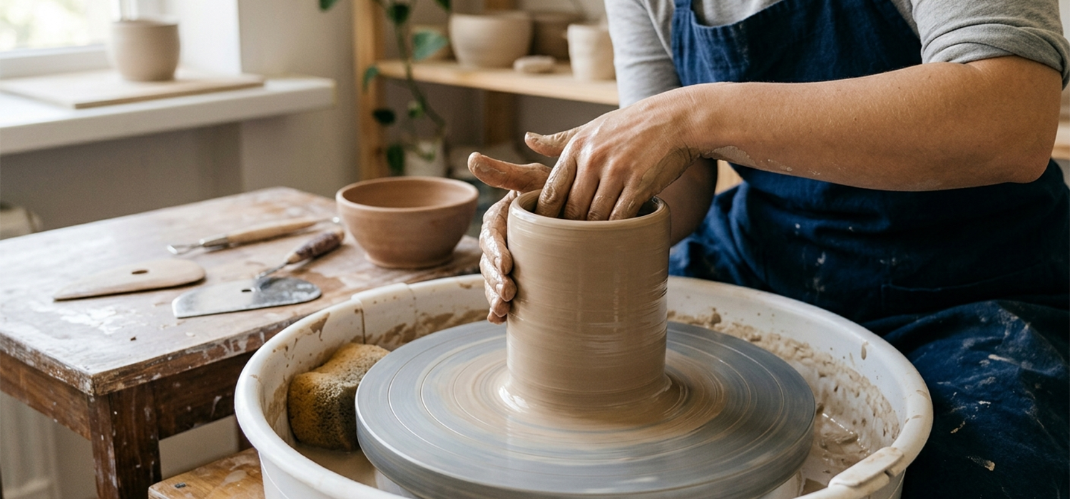 Hands pulling clay walls on a pottery wheel showing technique for shaping even ceramic vessel walls