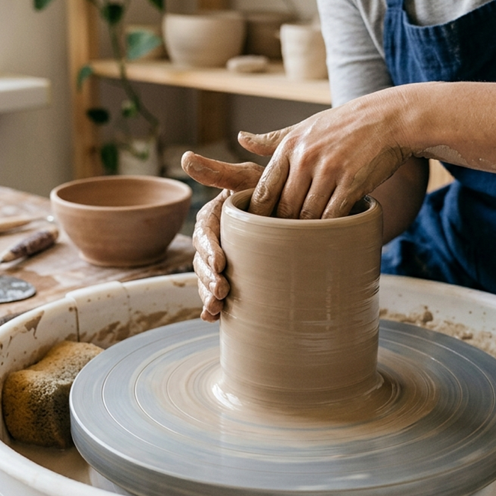 Hands pulling clay walls on a pottery wheel showing technique for shaping even ceramic vessel walls