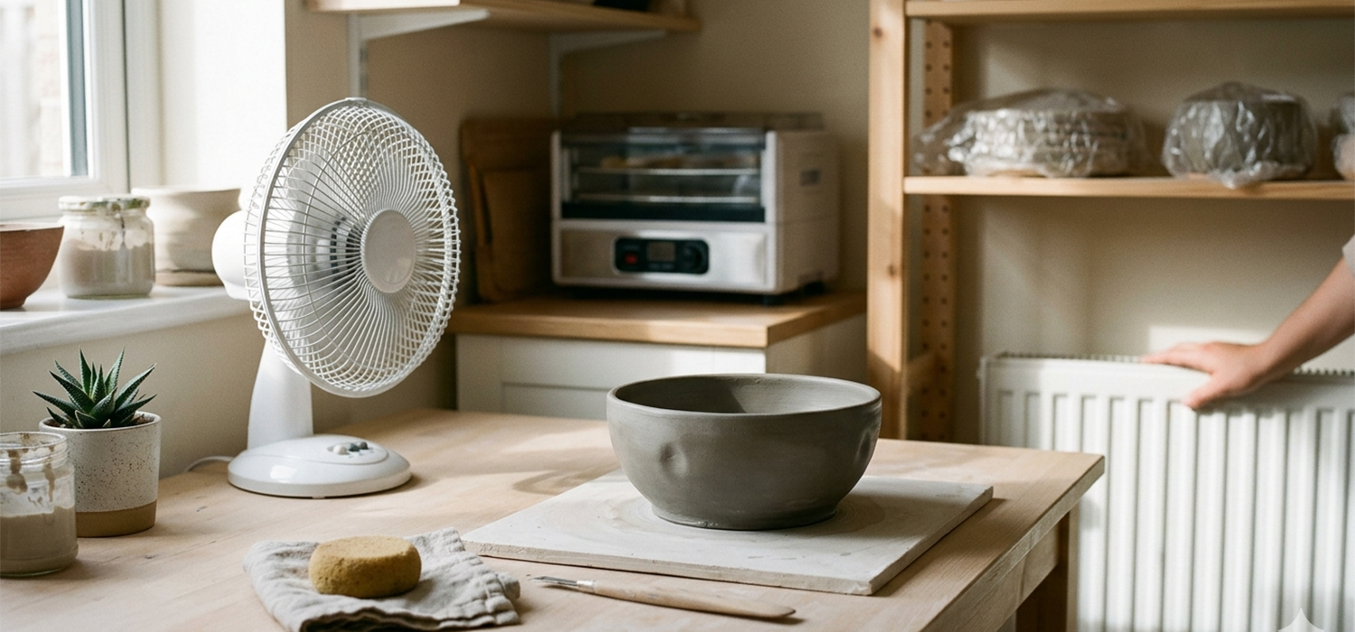 Clay drying at home using gentle airflow and indirect heat with fan and radiator setup showing safe techniques to prevent cracking