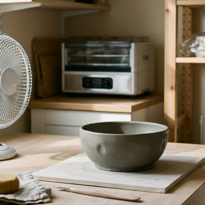 Clay drying at home using gentle airflow and indirect heat with fan and radiator setup showing safe techniques to prevent cracking