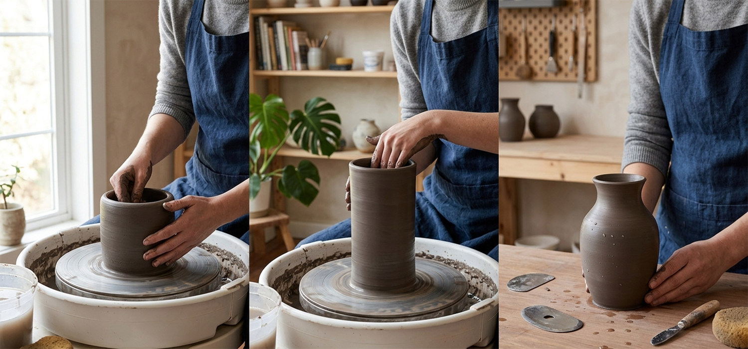 Three stages of pulling clay on a pottery wheel showing foundation lift and refinement steps for even ceramic walls
