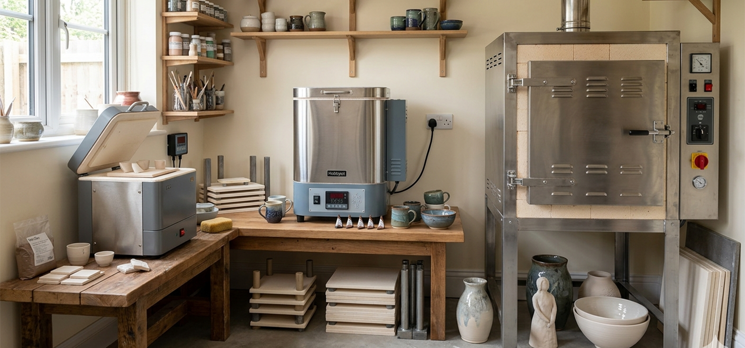 Range of pottery kilns in a UK home studio from small tabletop kiln to large front loading kiln illustrating price differences and sizes