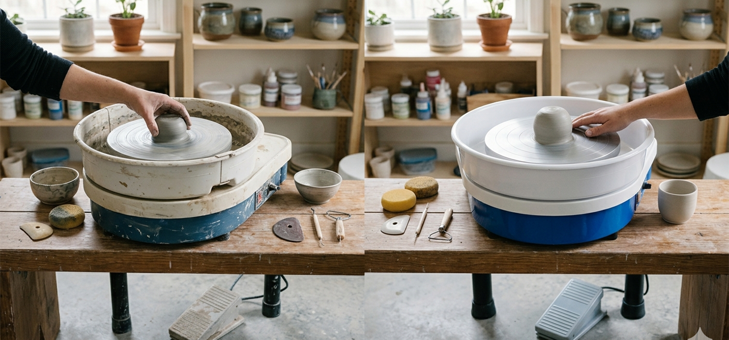 Comparison of used and new pottery wheels in a studio showing condition differences and clay shaping to help decide if buying secondhand is worth it