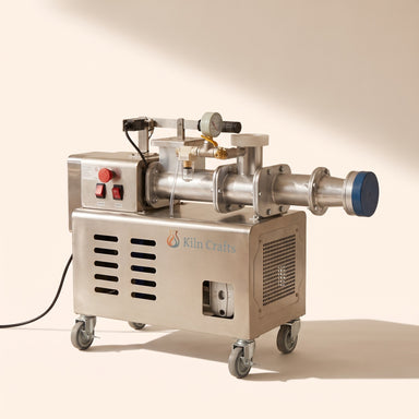 Kiln Crafts Mini De-Airing Pugmill on a cream backdrop: brushed stainless cabinet with the Kiln Crafts logo, control box with red emergency stop, stainless barrel with bolted flanges, vacuum gauge and hopper on top, on four lockable castors