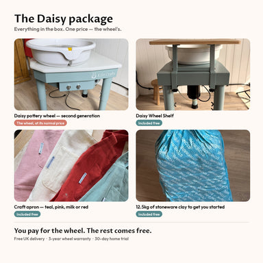 What's in the Daisy package: Daisy wheel, Daisy Wheel Shelf, craft apron in teal, pink, milk or red, and 12.5kg of clay