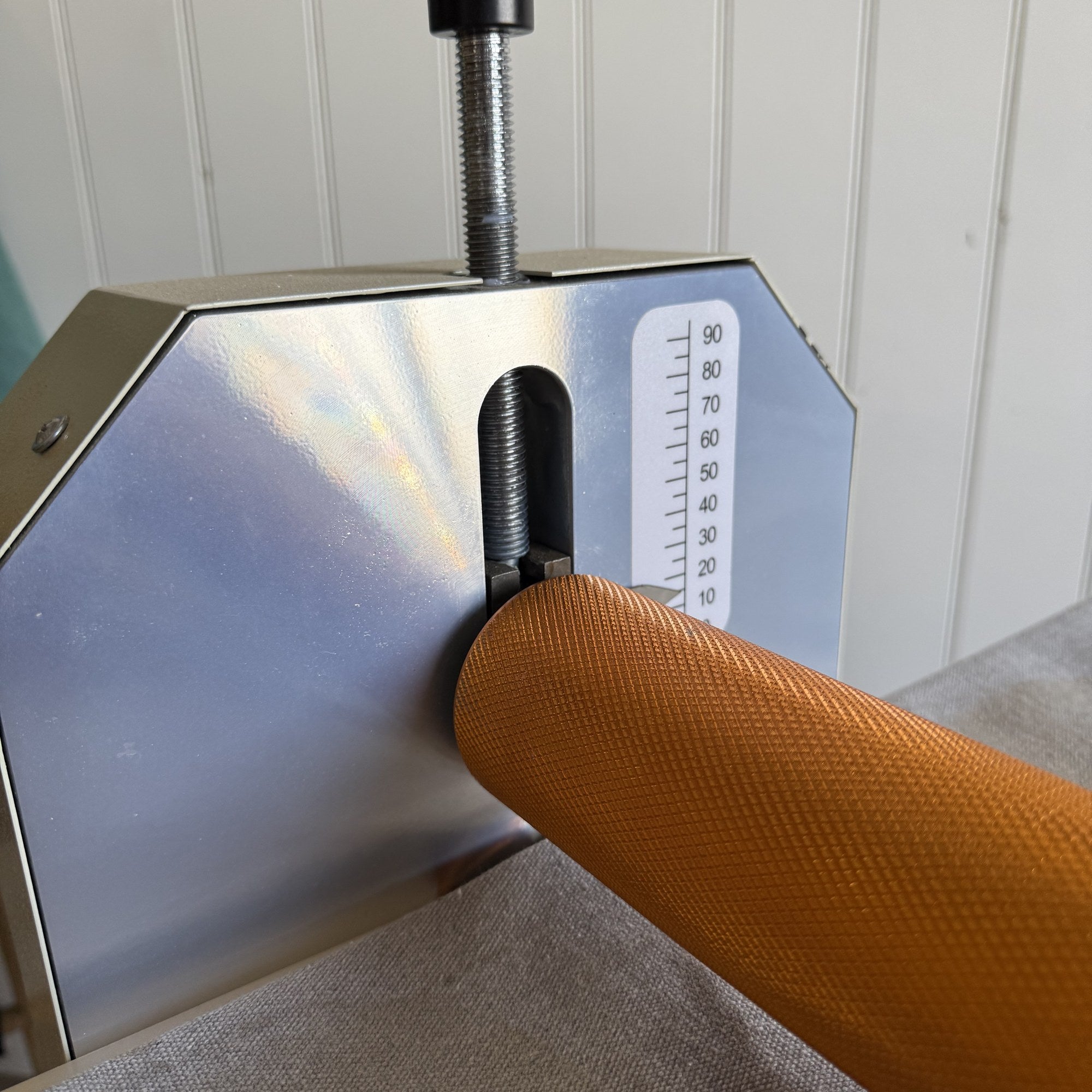 Calibrated 0 to 90 thickness gauge on the Kiln Crafts Clay Roller slab roller