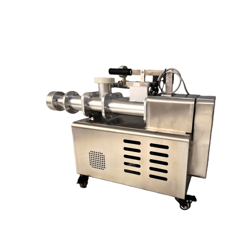 Kiln Crafts Mini de-airing pugmill shown with its stainless steel extrusion roller table, three-quarter view: control panel with red emergency stop, stainless barrel with flanged sections, vacuum assembly and gauge on top, machine on castors