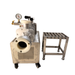 Kiln Crafts Mini de-airing pugmill viewed from the opposite side, showing the motor housing, ventilated stainless cabinet, barrel and outlet, on lockable castors