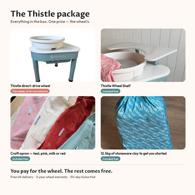 What's in the Thistle package: Thistle wheel, Thistle Wheel Shelf, craft apron in teal, pink, milk or red, and 12.5kg of clay
